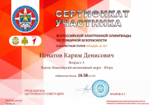 Сертификат участника, Всероссийской онлайн-олимпиады  по ППБ, 2025. Игнатов Карим
