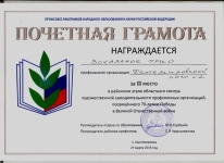 За 2 место в районном этапе областного смотра художественной самодеятельности профсоюзных организаций, посвященного 70-летию Победы в ВОВ.