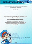 Благодарность от Управления образования муниципального образования городской округ "Охинский" За помощь в организации и проведении муниципального конкурса "Безопасное колесо" для обучающихся дошкольных образовательных учреждений.