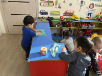 Хозяйственно-бытовой (совместный труд взрослого и ребенка: протирать игрушки и полки влажной тряпочкой, ставить игрушки на место).