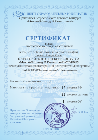 Сертификат Всероссийского детского конкурса "Мечтай! Иследуй! Размышляй!"